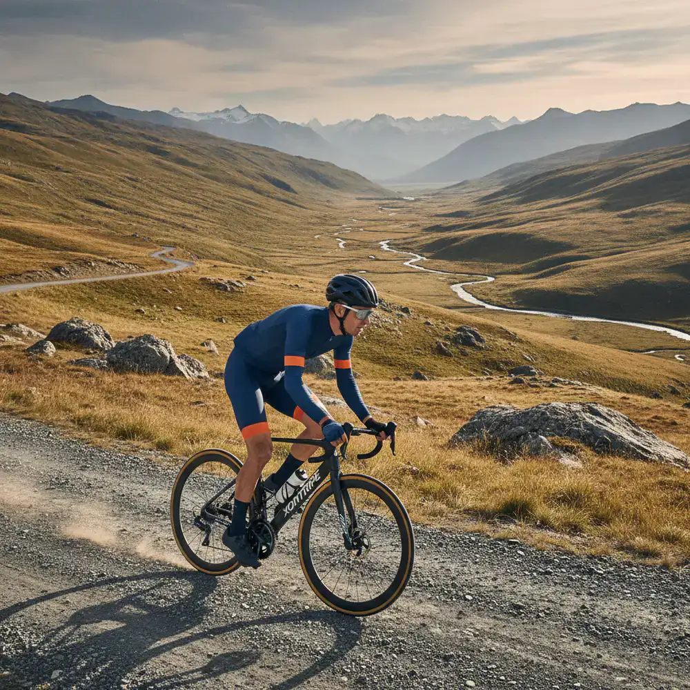 Professional cyclist riding a Xontripe bike in scenic terrain