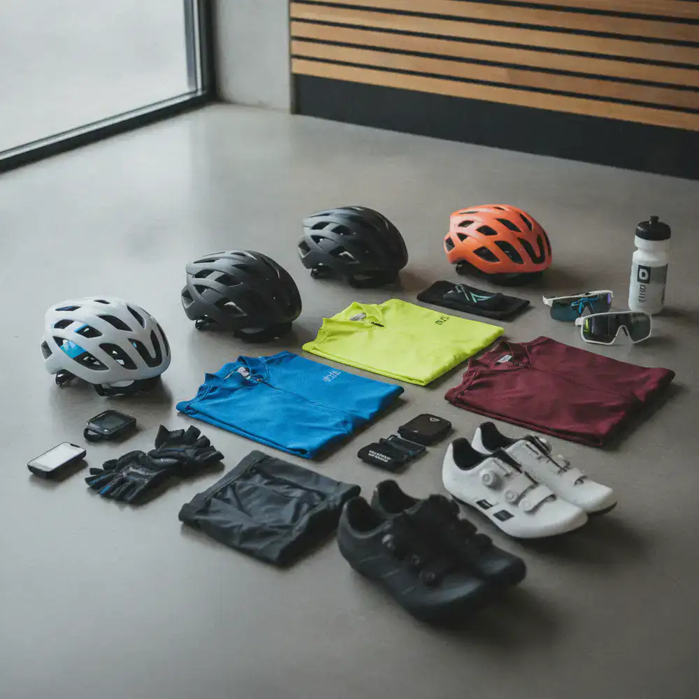 Assortment of professional cycling helmets and apparel