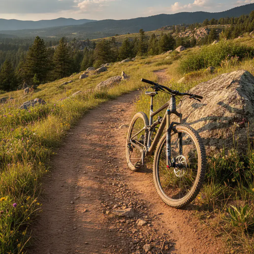 Professional mountain bike resting on a scenic dirt trail